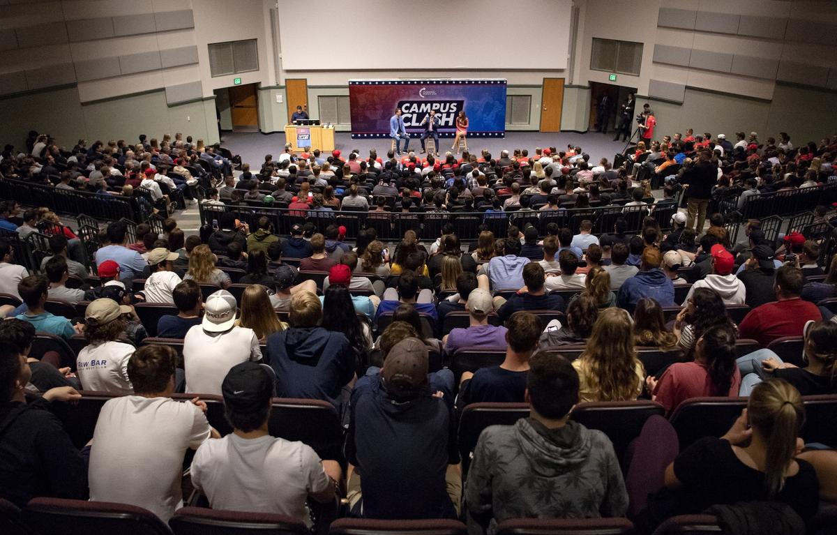 Charlie Kirk, Donald Trump Jr. and Kimberly Guilfoyle speak in the Thomas building on the Penn State campus as a stop on the Turning Point USA College Clash tour on Tuesday.