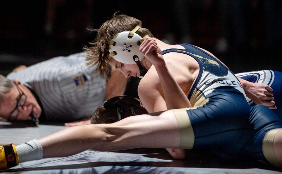 Bald Eagle Area’s Jeffre Pifer pins Penns Valley’s Nick Cain in the 138 lb bout of the District 6 2A team quarterfinals on Tuesday, Feb. 1, 2022.
