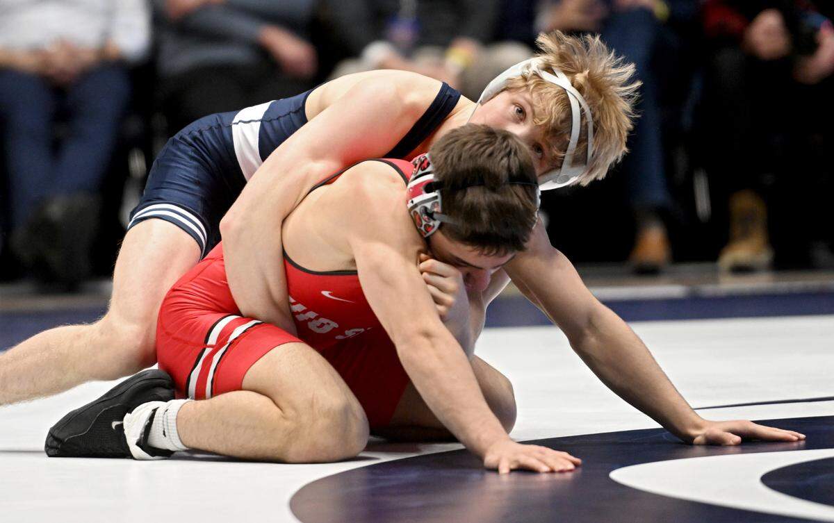 Penn State’s Braeden Davis controls Ohio State’s Vincent Kilkeary in the 125 lb bout during the match on Friday, Feb. 2, 2024 in Rec Hall.