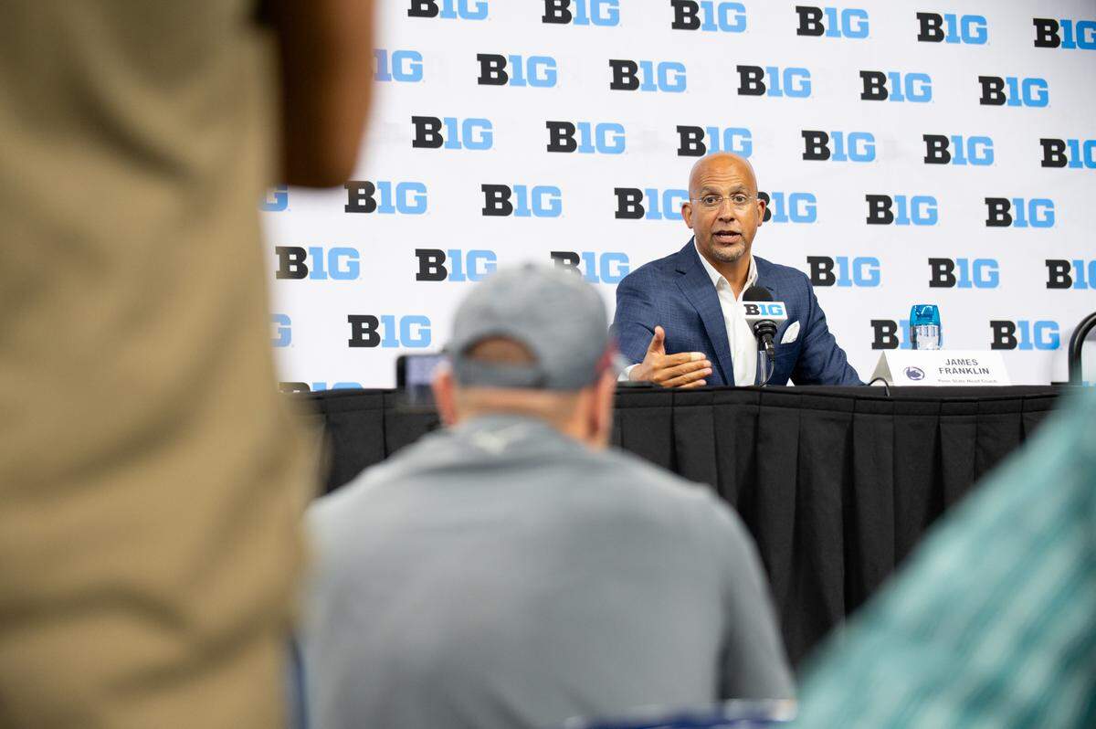 Head coach James Franklin speaks at Big Ten Media Days at Lucas Oil Stadium in Indianapolis on Wednesday, July 24, 2024.
