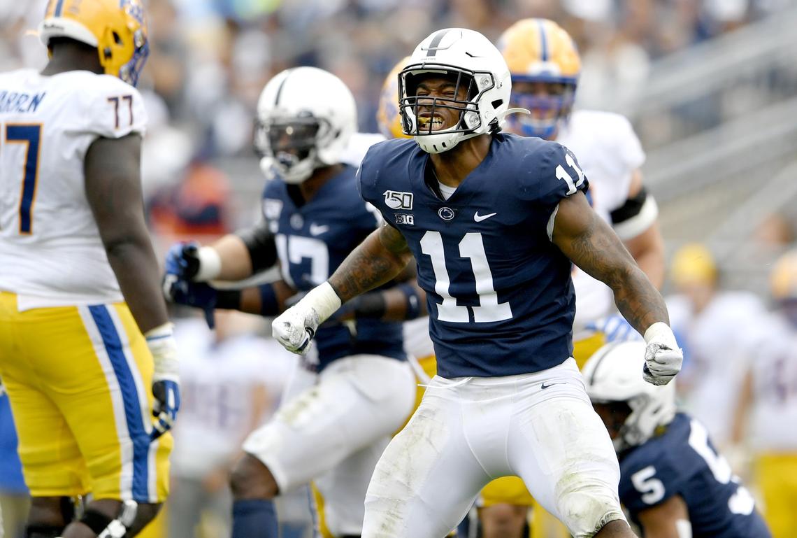 Penn State linebacker Micah Parsons celebrates a tackle during the game against Pitt on Saturday, Sept. 14, 2019.