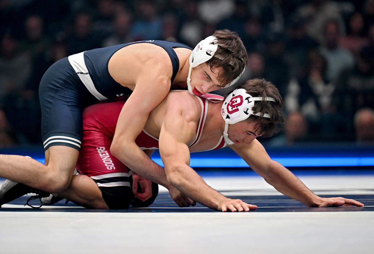 Penn State’s Luke Lilledahl controls Oklahoma’s Conrad Hendricksen in the 125 lb bout during the match on Friday, Nov. 14, 2025 at the Bryce Jordan Center.