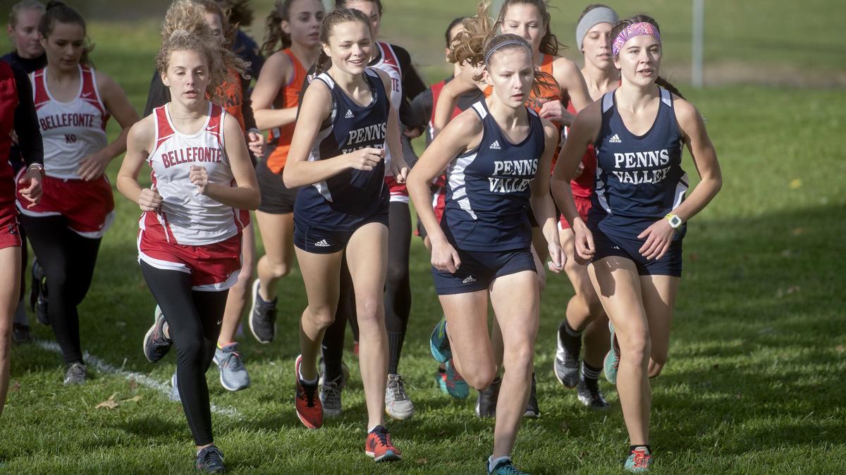 Penns Valley’s Kelsey Hull leads the pack at the beginning of the Mountain League cross country championships on Wednesday, Oct. 17, 2018. Hull pulled ahead and won the race with a time of 20:54.
