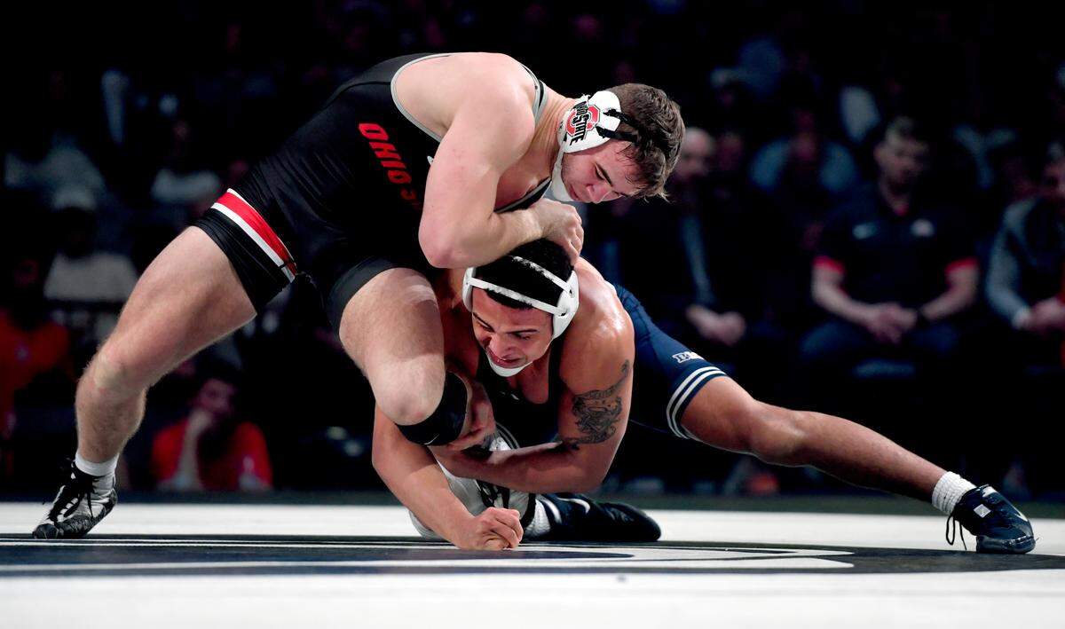 Ohio State’s Rocky Jordan wrestles Penn State’s Aaron Brooks in the 184-pound bout of the dual on Saturday, Feb. 15, 2020 at the Bryce Jordan Center. Brooks won by major decision, 15-4.