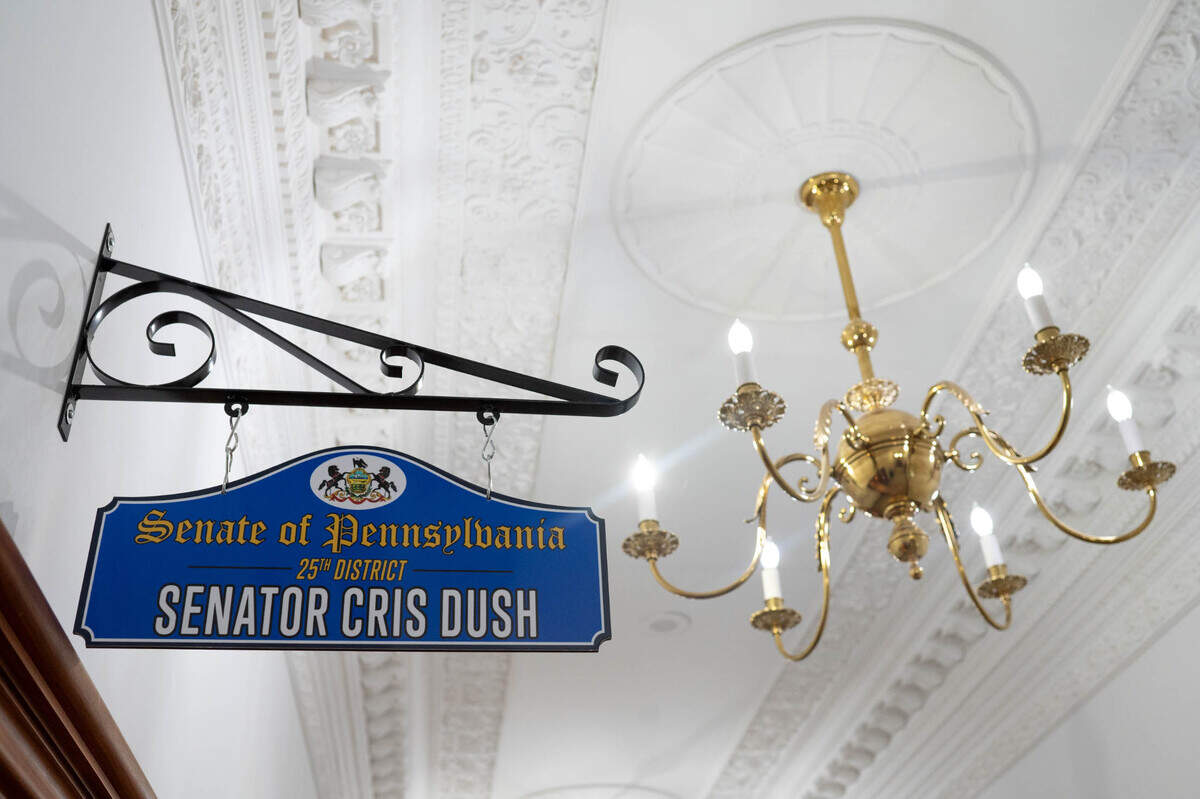 A sign for the office of state Sen. Cris Dush in the new Bellefonte Borough office on Thursday, Dec. 5, 2024.