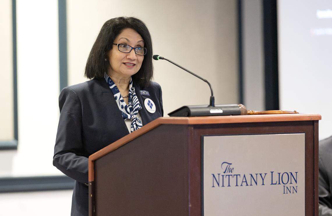 Penn President Neeli Bendapudi addresses the Penn State Board of Trustees during the meeting on Friday, Feb. 20, 2026. 