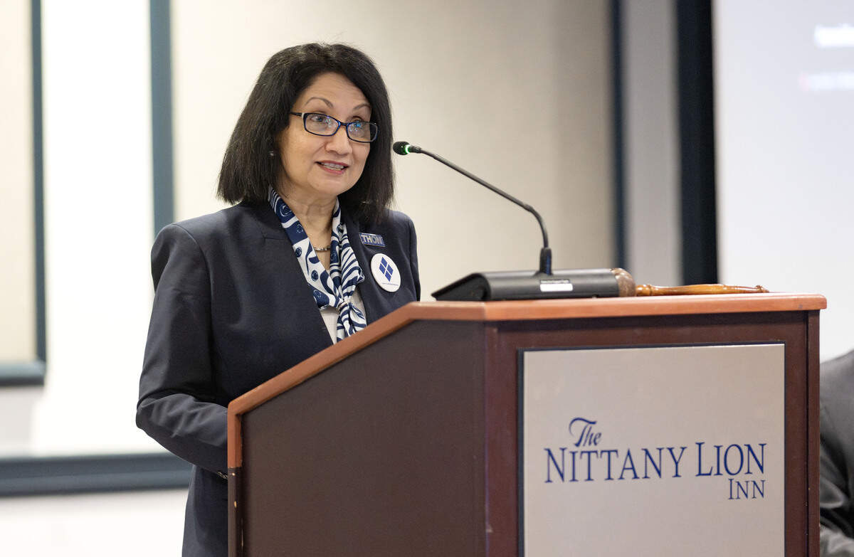 Penn President Neeli Bendapudi addresses the Penn State Board of Trustees during the meeting on Friday, Feb. 20, 2026.