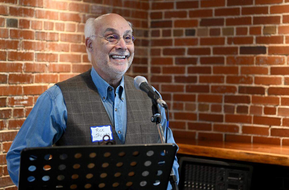 Rick Jacobs, from the Stage at Talleyrand Development Committee, speaks about the features of the stage during a celebration on Monday, May 1, 2023 at Big Springs.