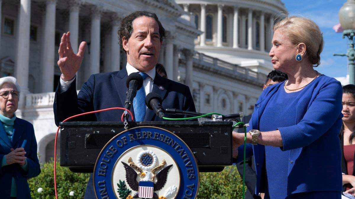 Rep. Jamie Raskin, D-Md., accompanied by Rep. Carolyn Maloney, D-N.Y., speaks during a news conference on the impact of abortion restrictions, Thursday, Sept. 29, 2022, on Capitol Hill in Washington.