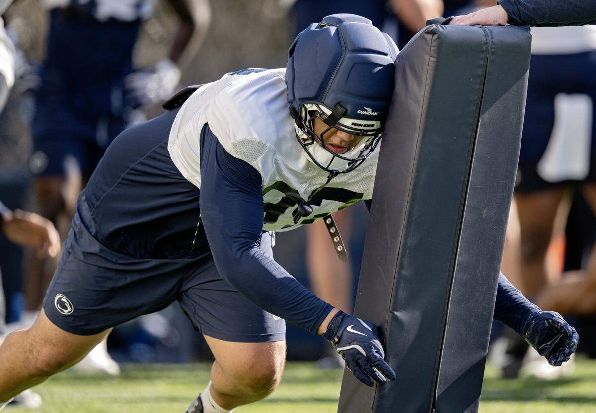 Penn State defensive tackle Keanu Williams runs a drill during practice on Thursday, April 9, 2026.  