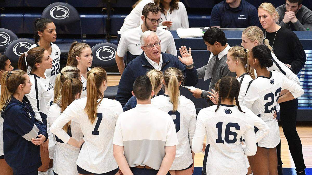 Penn State head coach Russ Rose speaks to the team during a timeout in Saturday’s NCAA second round match against Towson. Penn State defeated Towson, 3-1.