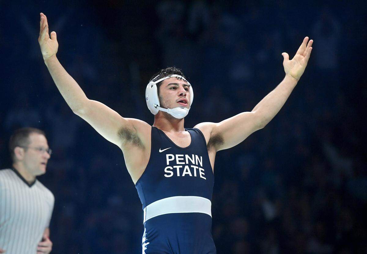 Penn State’s Vincenzo Joseph celebrates his win over Michigan’s Logan Massa in the 165 lb bout during the match at the Bryce Jordan Center on Friday, Feb. 1, 2019.