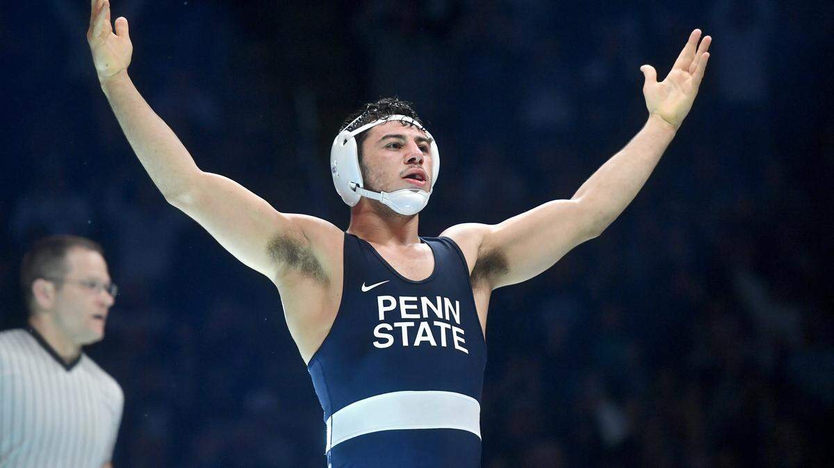 Penn State’s Vincenzo Joseph celebrates his win over Michigan’s Logan Massa in the 165 lb bout during the match at the Bryce Jordan Center on Friday, Feb. 1, 2019.