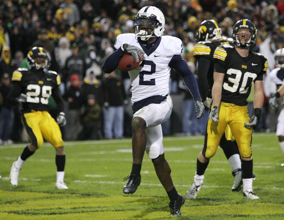 Penn State's Derrick Williams (2) scores a touchdown duringthe second half  of this NCAA college football game against Iowa,Saturday, Nov. 8, 2008, in  Iowa City, Iowa.  Iowa won 24-23.  (APPhoto/Charlie Neibergall)