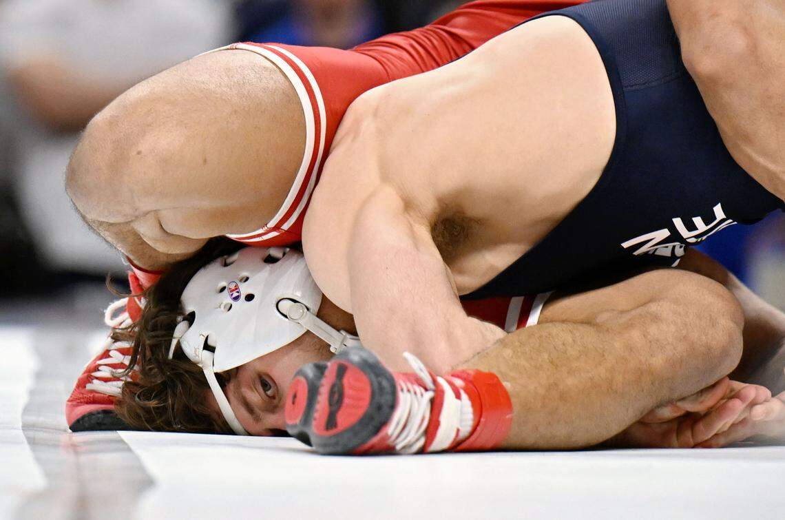 Penn State’s Levi Haines wrestles Nebraska’s Christopher Minto in the 174-pound championship bout at the Big Ten Wrestling Championships on Sunday, March 8, 2026.  