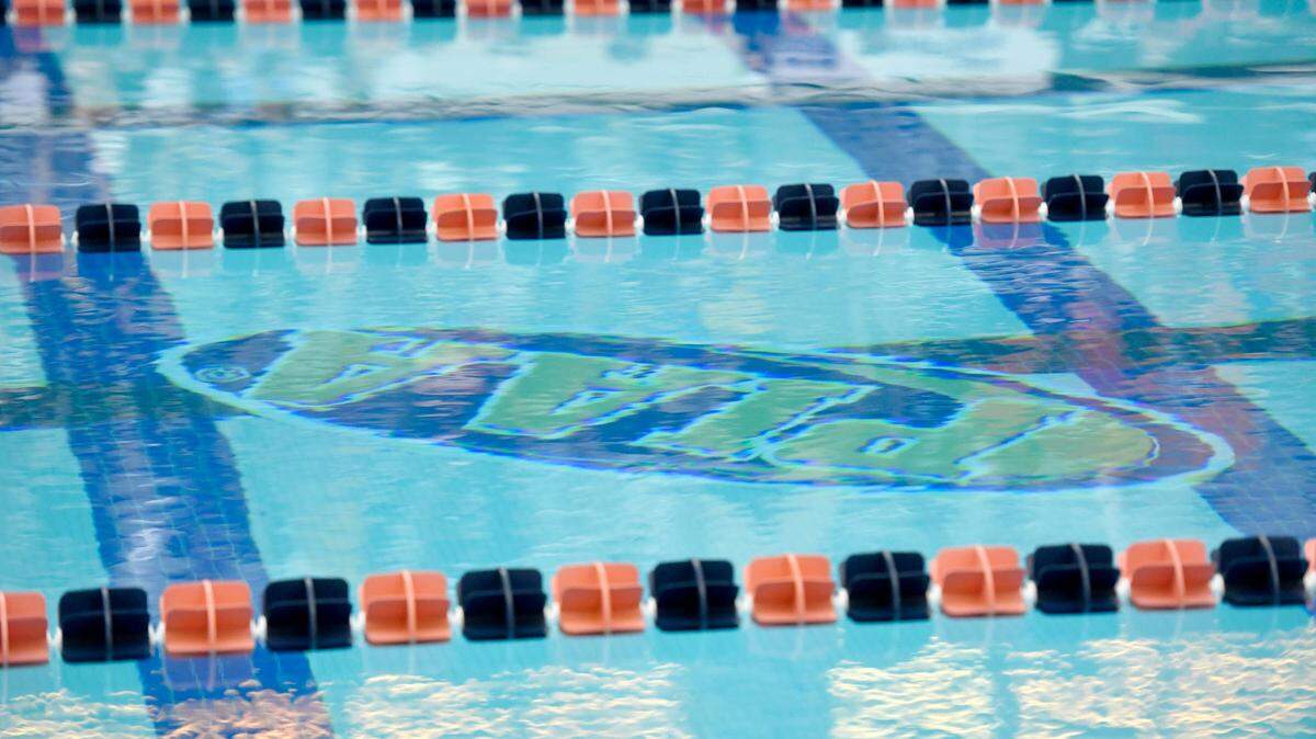 The PIAA logo is reflected in the pool at swimming championships at Bucknell in March.
