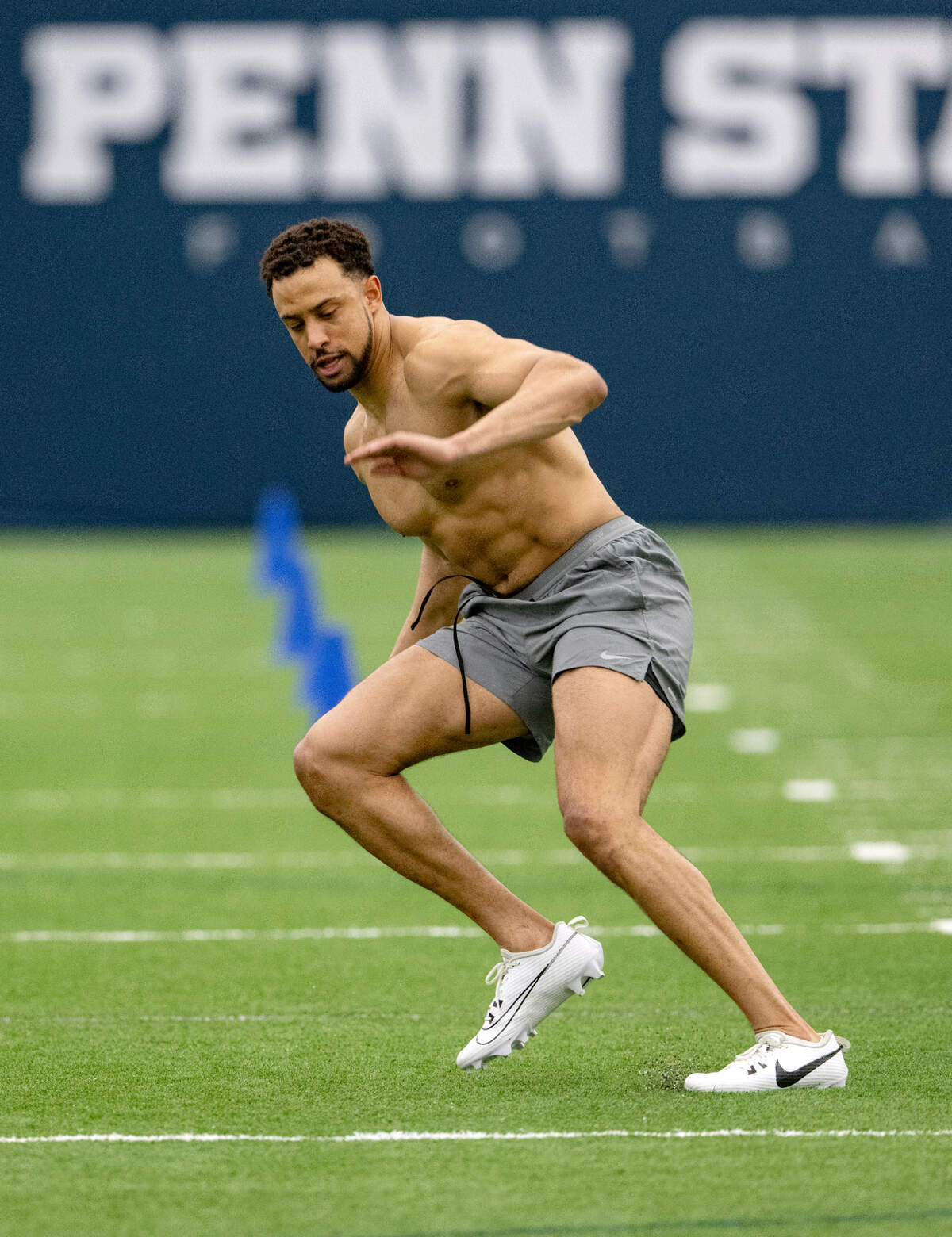 Safety Keaton Ellis runs a skill test during Penn State’s Pro Day on Friday, March 15, 2024 in Holuba Hall.