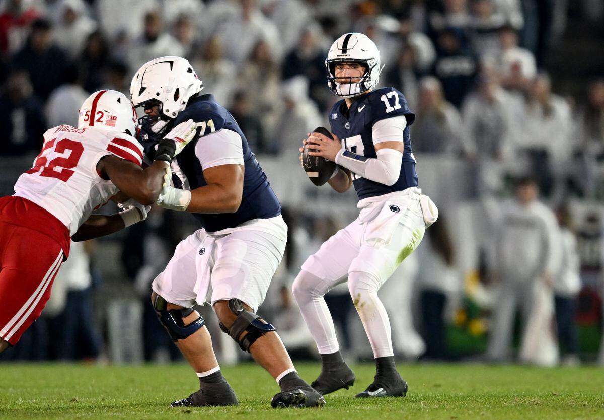Penn State quarterback Ethan Grunkemeyer looks to make a pass during the game against Nebraska on Saturday, Nov. 22, 2025, at Beaver Stadium.