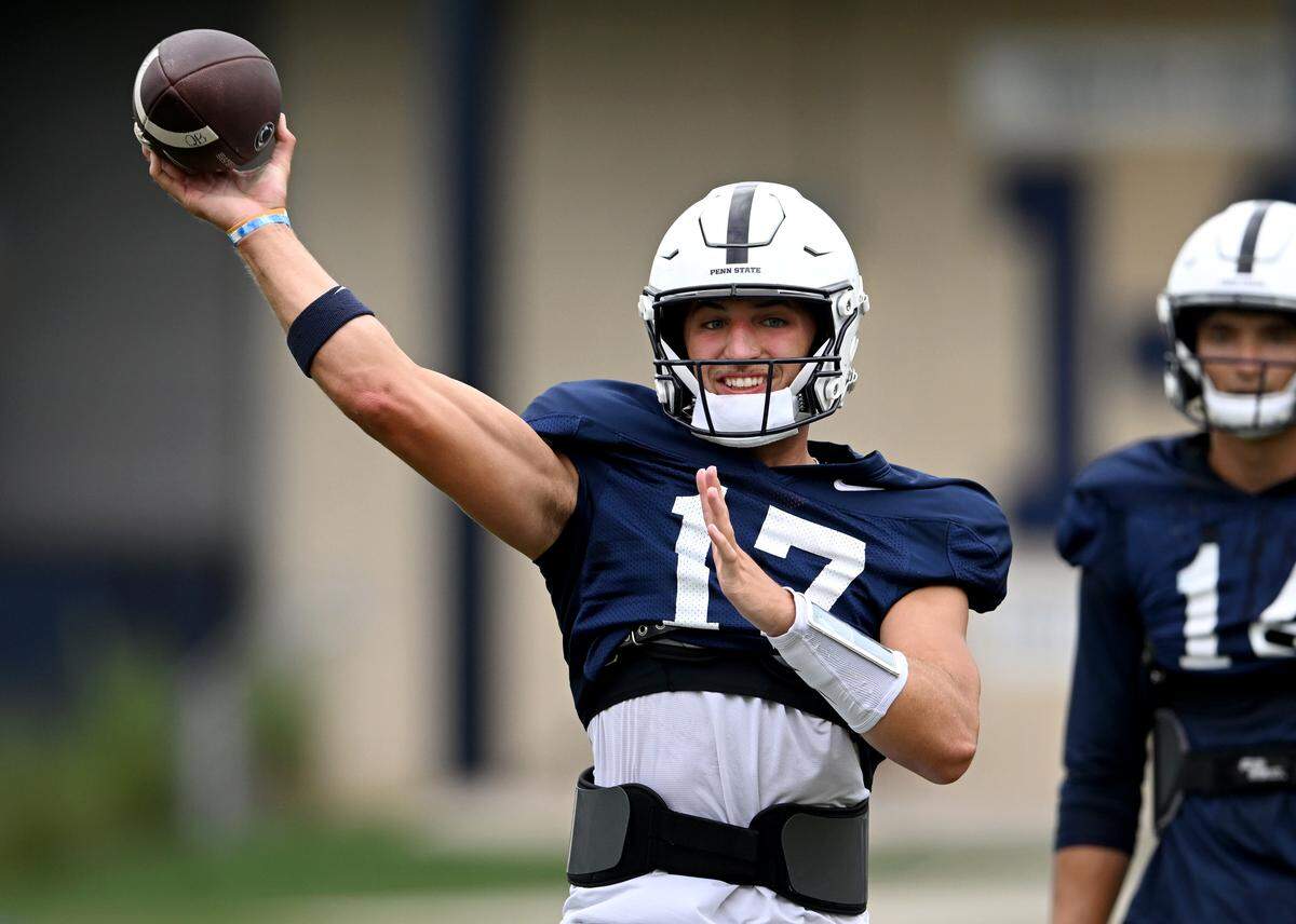 Penn State quarterback Ethan Grunkemeyer makes a pass during practice on Tuesday, Aug. 19, 2025.  