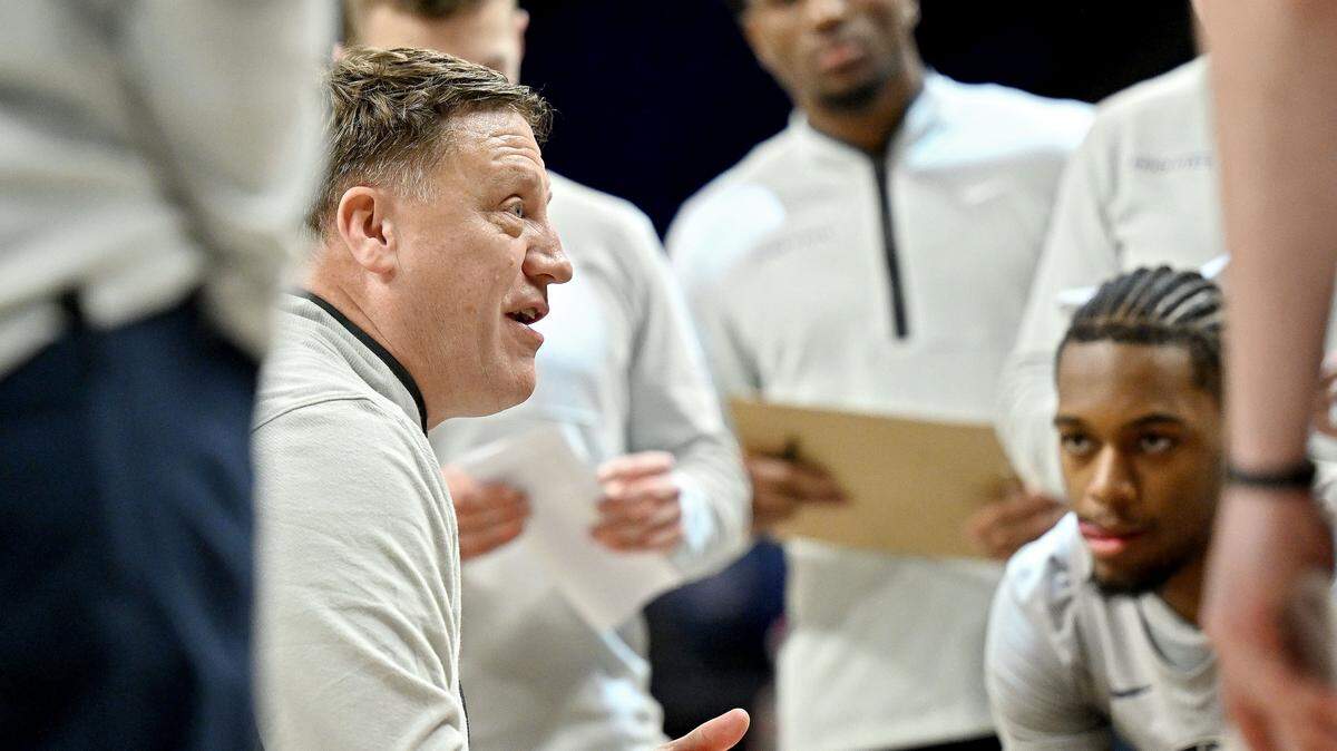 Penn State men’s basketball coach Mike Rhoades talks to his player during a time out of the game against North Carolina Central on Monday, Dec. 29, 2025. 