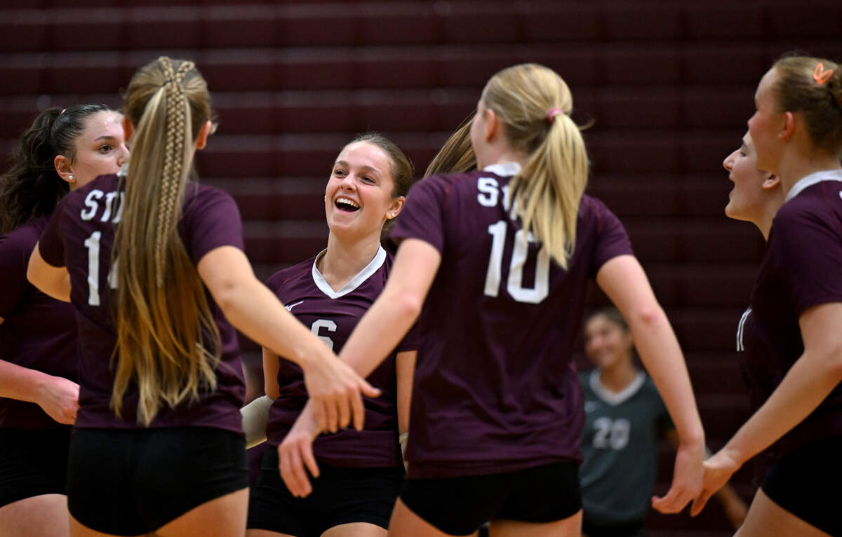 State College’s Helena Woskob and her teammates celebrate a point during the game against Pine-Richland in the first round of the PIAA 4A championships on Tuesday, Nov. 4, 2025.