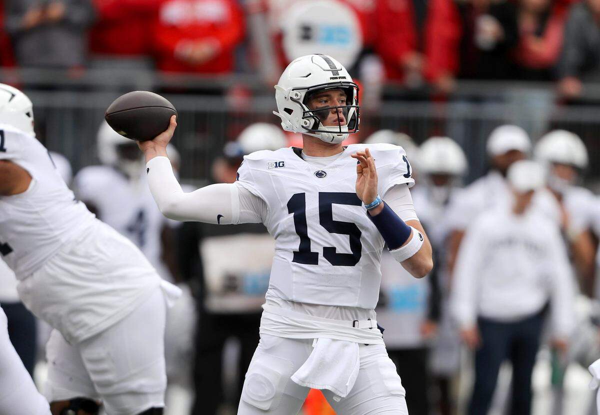 Oct 21, 2023; Columbus, Ohio, USA;  Penn State Nittany Lions quarterback Drew Allar (15) drops back to throw against the Ohio State Buckeyes during the first quarter at Ohio Stadium. Mandatory Credit: Joseph Maiorana-USA TODAY Sports