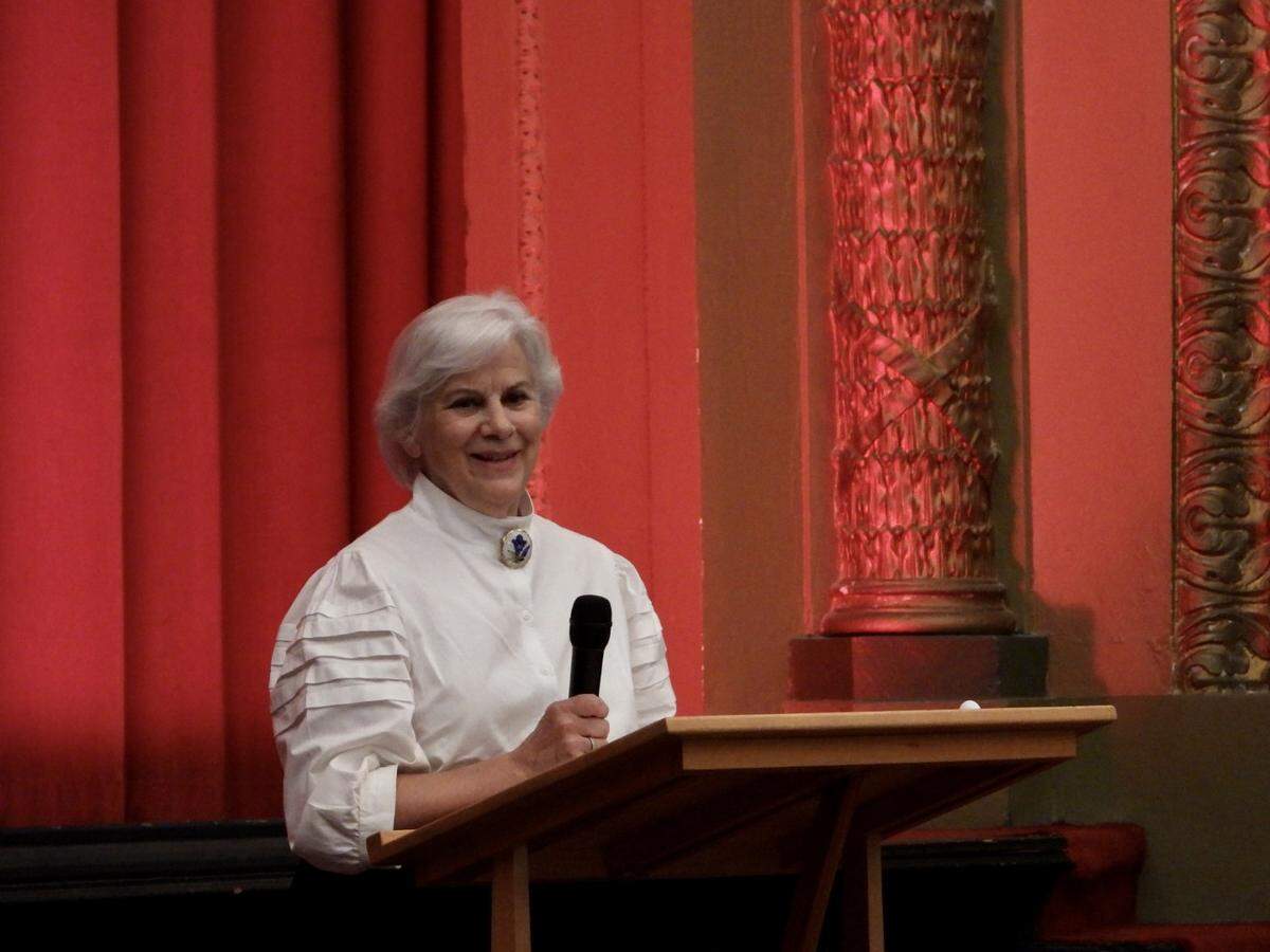Sue Hannegan, president of Roland Curtin Foundation board, speaks Thursday at the Rowland Theatre in Philipsburg about the 2022-23 tourism grants.