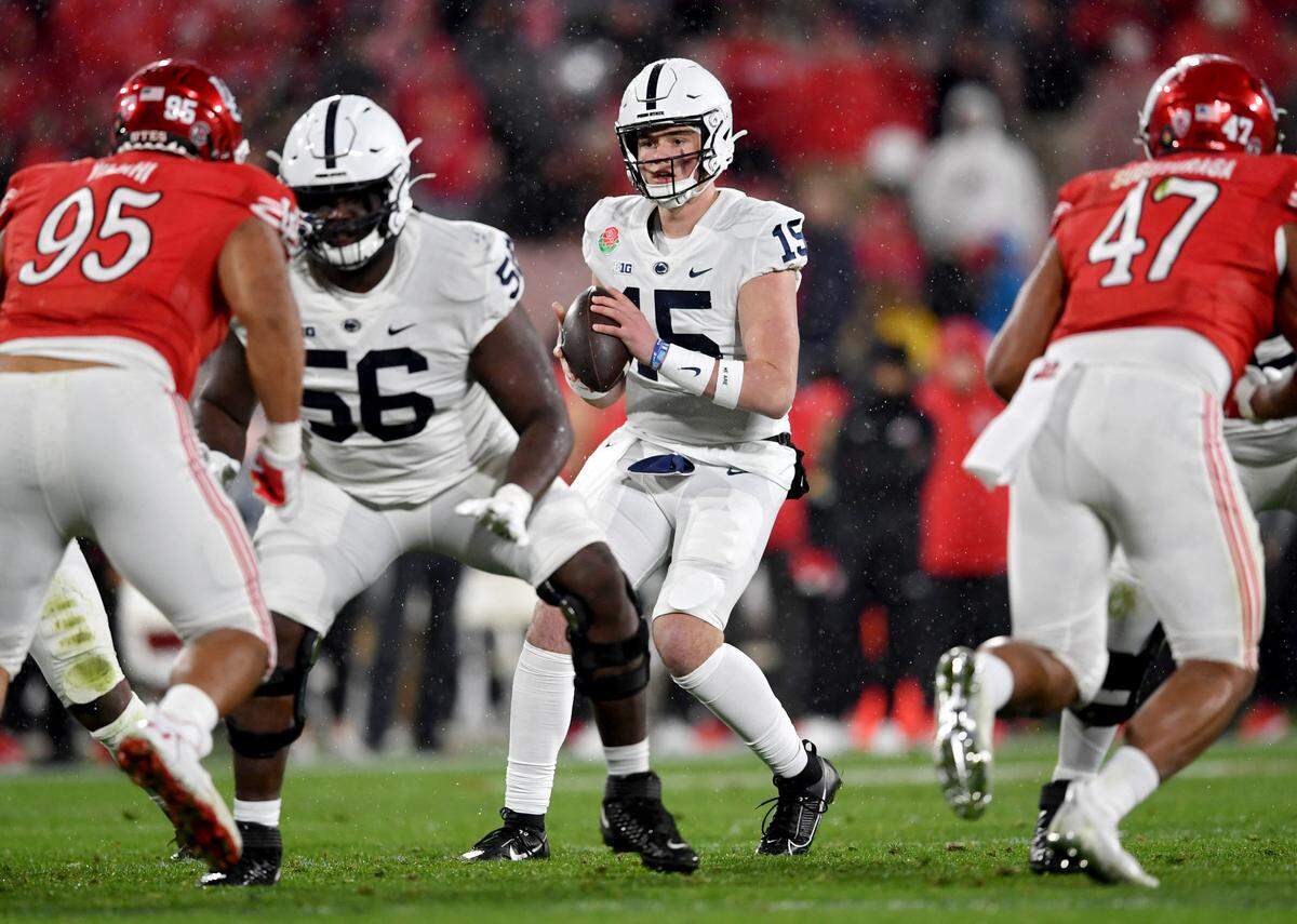 Penn State quarterback Drew Allar drops back to make a pass during the fourth quarter of the Rose Bowl game against Utah on Monday, Jan. 2, 2023.