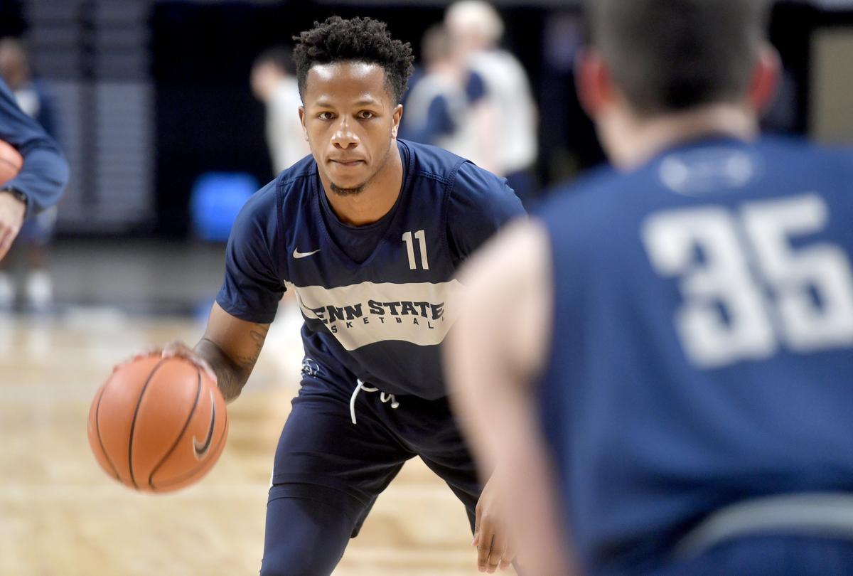 Penn State junior forward Lamar Stevens does a dribbling drill during practice on Tuesday, Oct. 16, 2018.