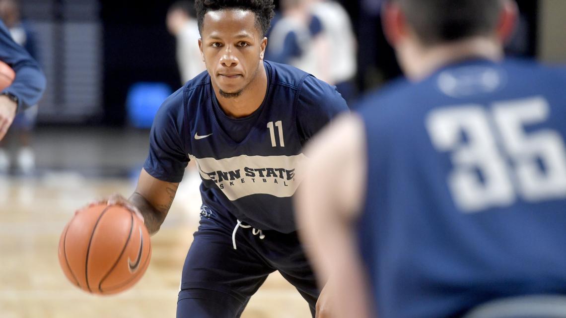 Penn State forward Lamar Stevens does a dribbling drill during practice on Tuesday, Oct. 16, 2018.
