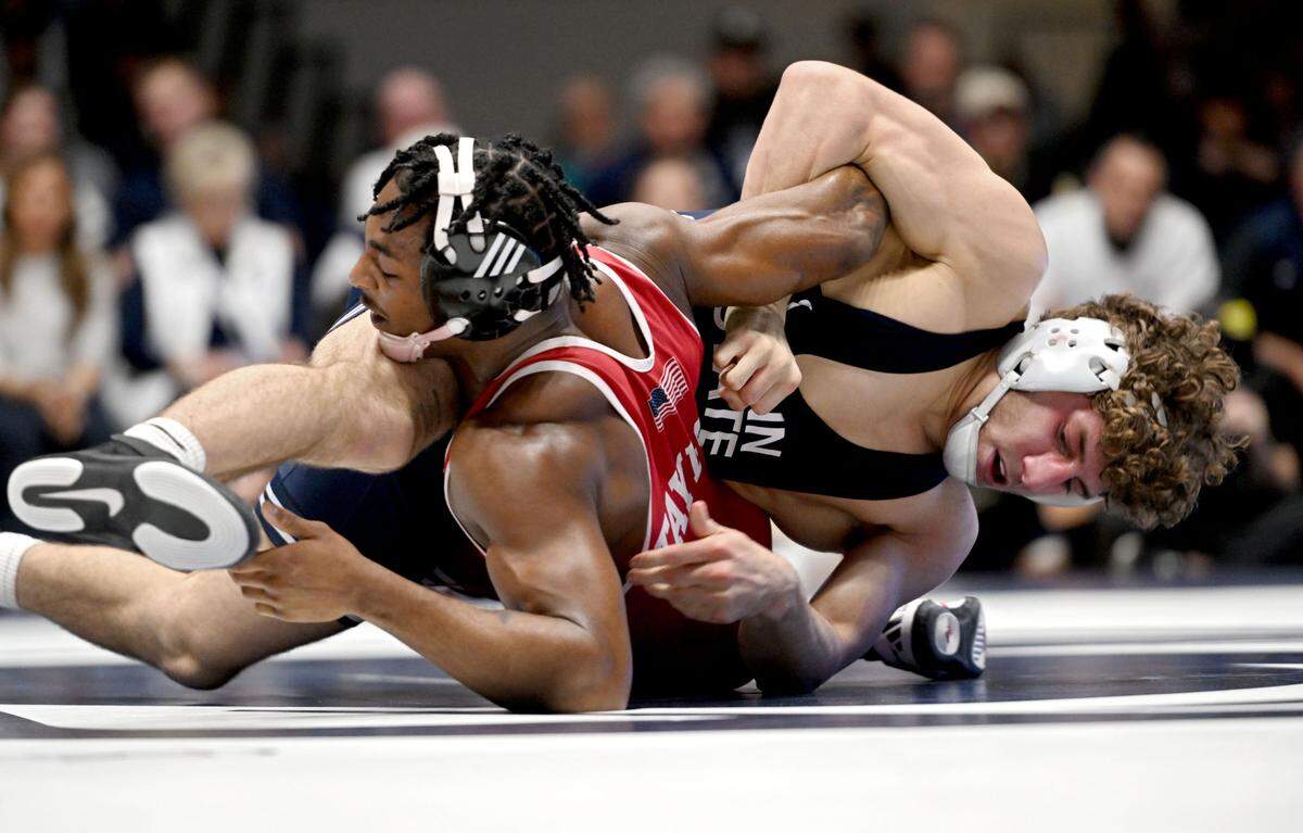 Penn State’s Mitchell Mesenbrink controls Nebraska’s Antrell Taylor in the 165 lb bout of the match on Sunday, Feb. 18, 2024 in Rec Hall.