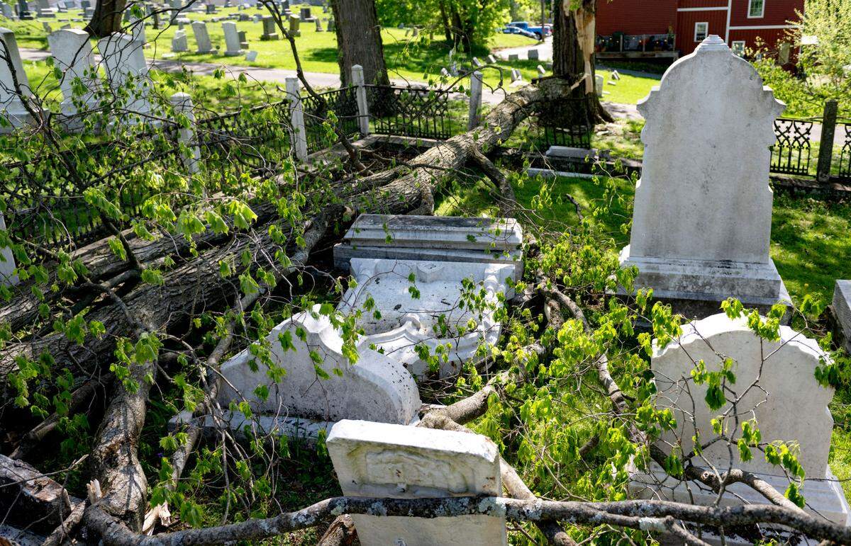 A tree knocked over several grave markers from the 1800s in Union Cemetery in Bellefonte when storms passed through the area on Tuesday.