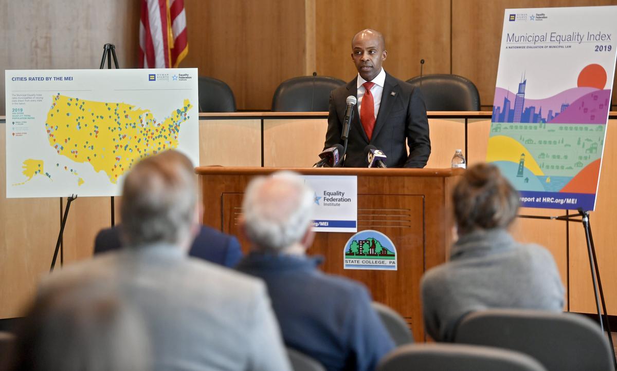 President of the Human Rights Campaign Alphonso David speaks about the Municipal Equality Index in the State College Borough building on Tuesday. State College received a perfect score on the index for LGBTQA affairs.
