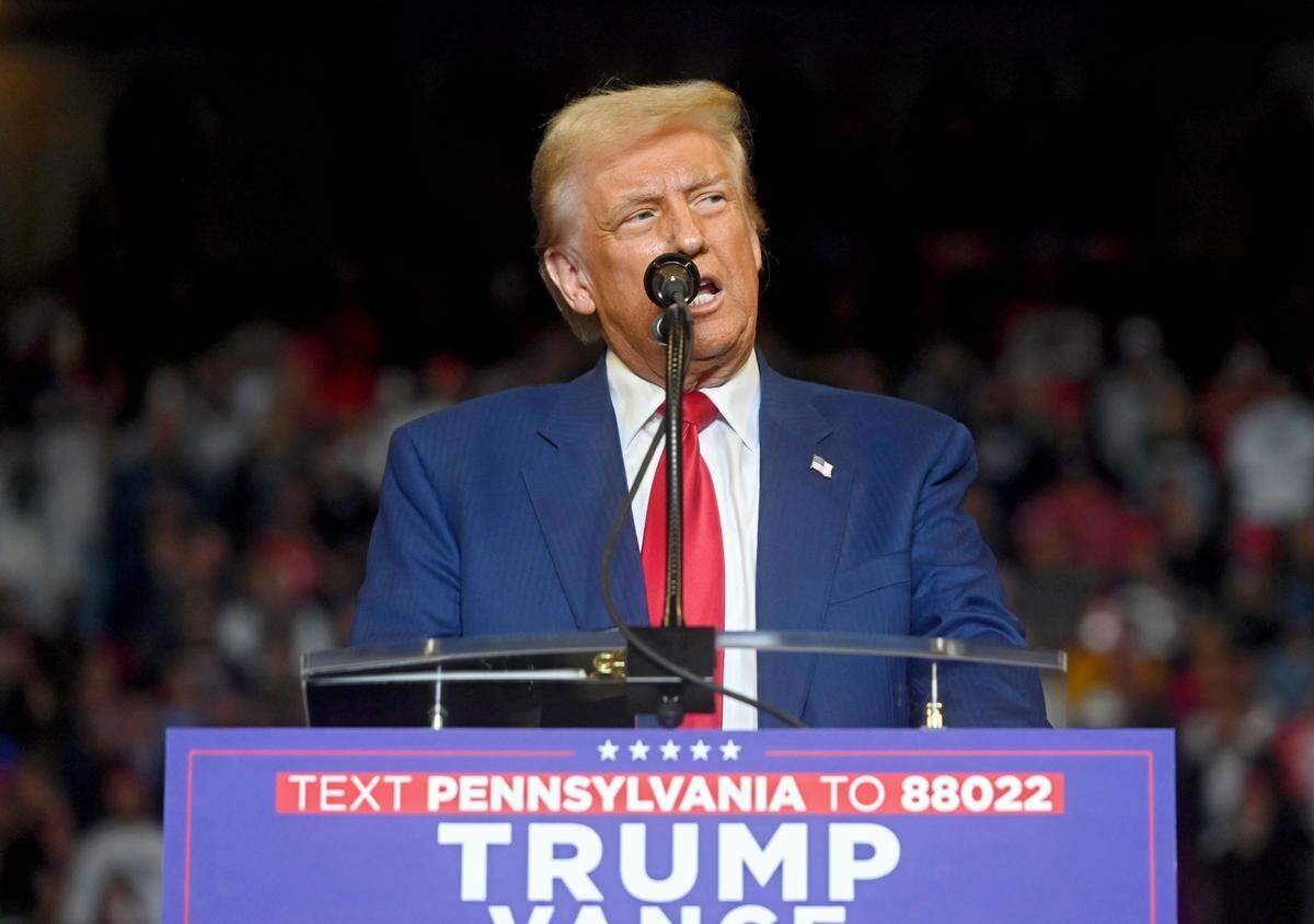 Donald Trump speaks during his rally at the Bryce Jordan Center on Saturday, Oct. 26, 2024.