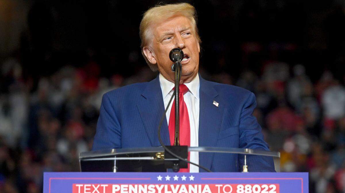 Donald Trump speaks during his rally at the Bryce Jordan Center on Saturday, Oct. 26, 2024.
