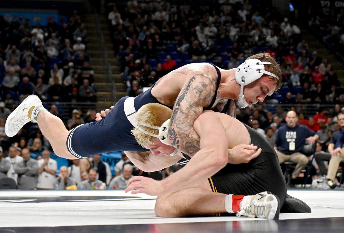 Penn State's Rocco Welsh wrestles Iowa’s Angelo Ferrari in a 184-pound quarterfinal bout of the Big Ten wrestling championships on Saturday, March 7, 2026 at the Bryce Jordan Center.