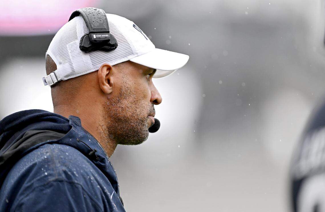 Penn State defensive coordinator D'Anton Lynn watches Blue-White Practice on Saturday, April 25, 2026.  