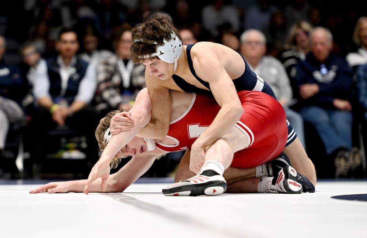Penn State’s Baylor Shunk controls Nebraska’s Jacob Van Dee in the 133 lb bout of the match on Sunday, Feb. 18, 2024 in Rec Hall.