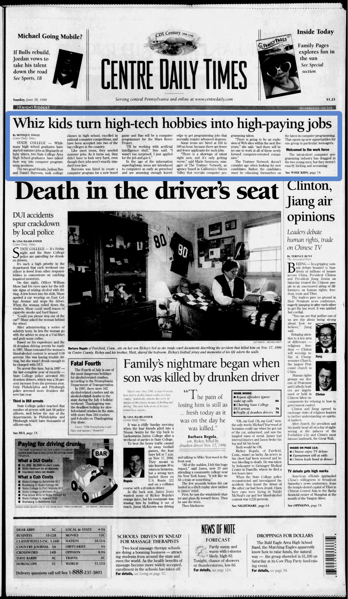 The June 28, 1998, issue of the Centre Daily Times includes a story about two accomplished teen programmers from State College Area High School.