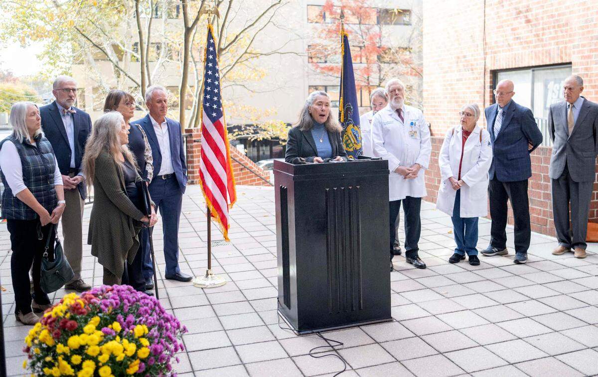 Dr. Mary Callahan and fellow Centre County doctors gathered on Monday, Oct, 24, 2022 to speak against Mehmet Oz.