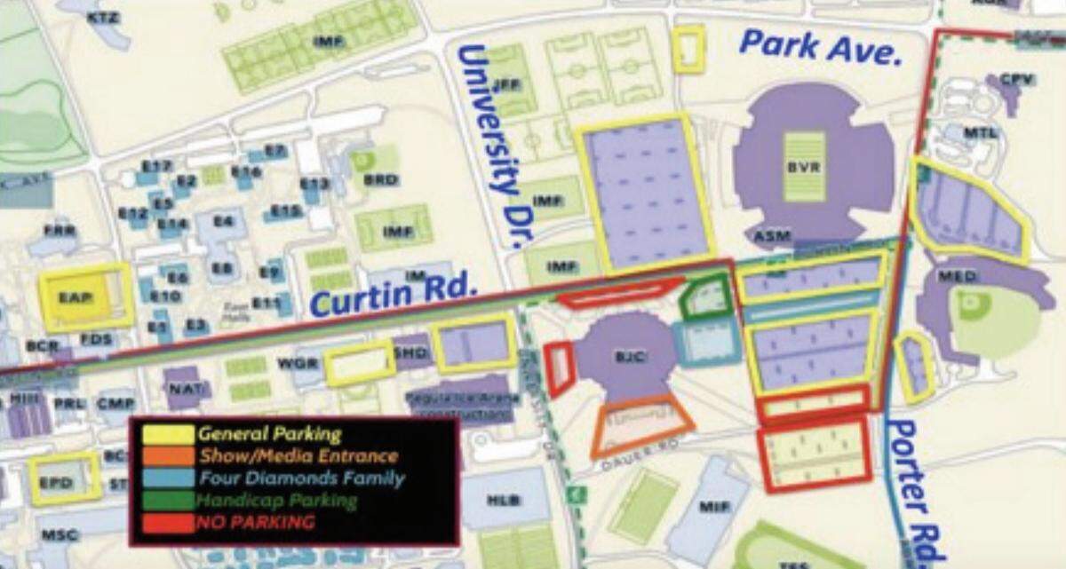A graphic inside the 2022 Thon Weekend Spectator Resource Packet helps show where spectators can park for free on campus.