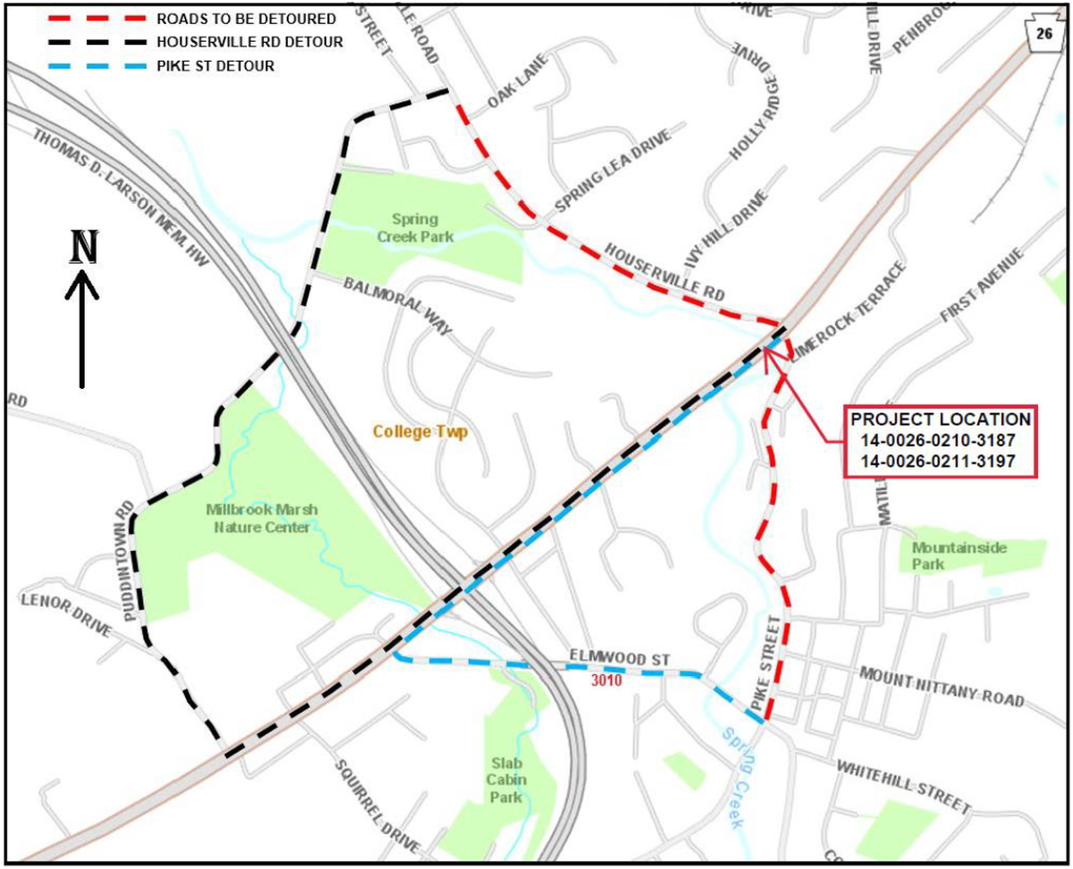 Detours from Houserville Road and Pike Street will redirect traffic this summer while construction continues along College Avenue, the Pennsylvania Department of Transportation said.