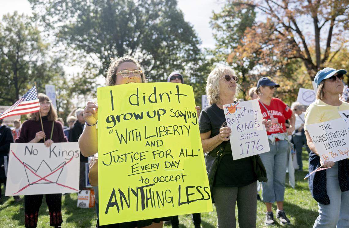 Many of the people who gathered for the No Kings anti-Trump rally held homemade signs on Saturday, Oct. 18, 2025. 