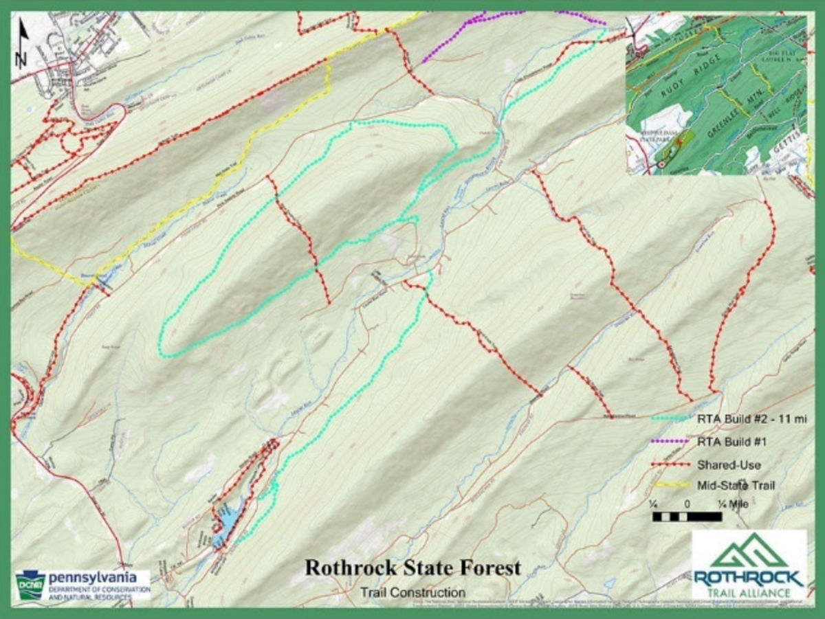 A map of the new Musser Gap Trail, and others, in Rothrock State Forest.