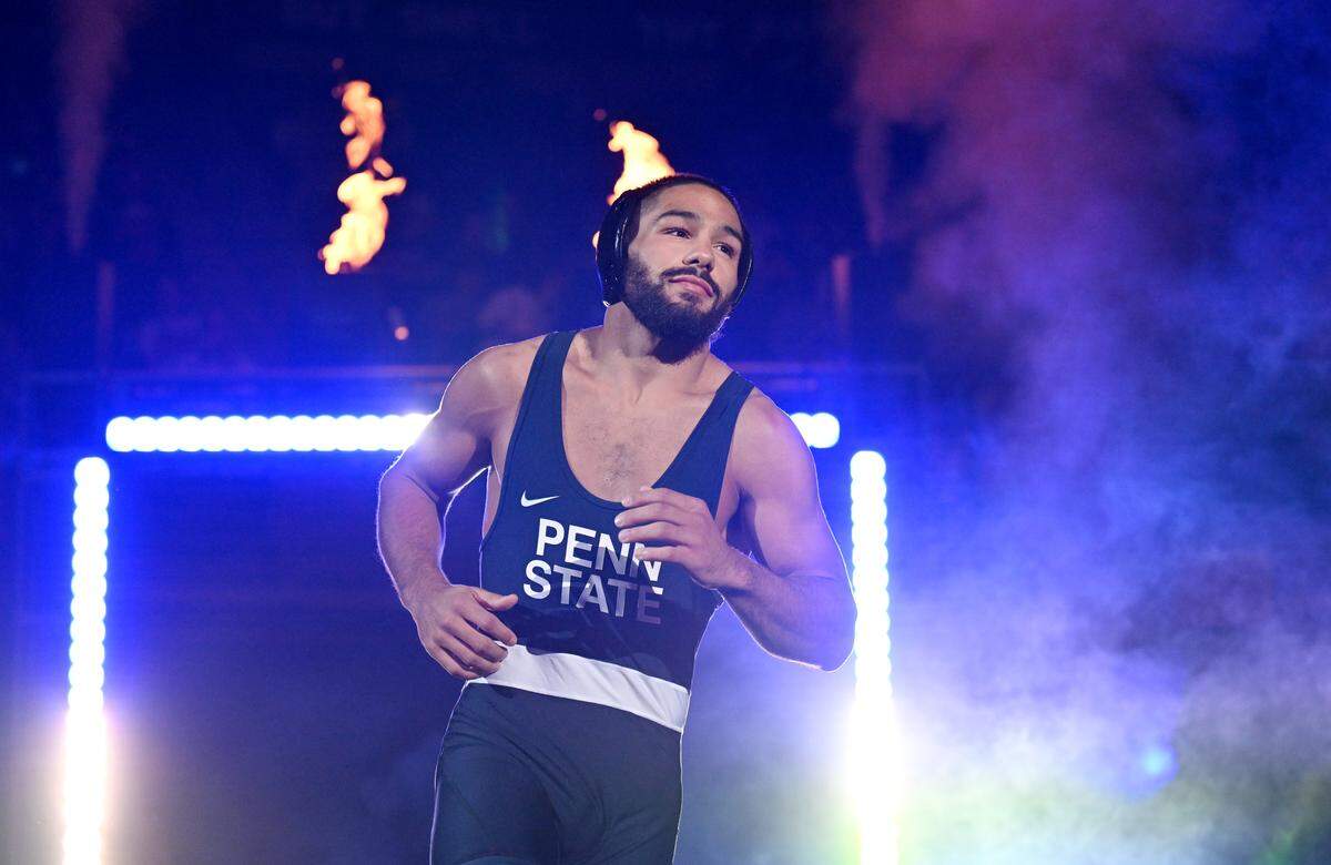Penn State’s Shayne Van Ness runs out for his 149 lb bout during the match against Oklahoma on Friday, Nov. 14, 2025 at the Bryce Jordan Center. 