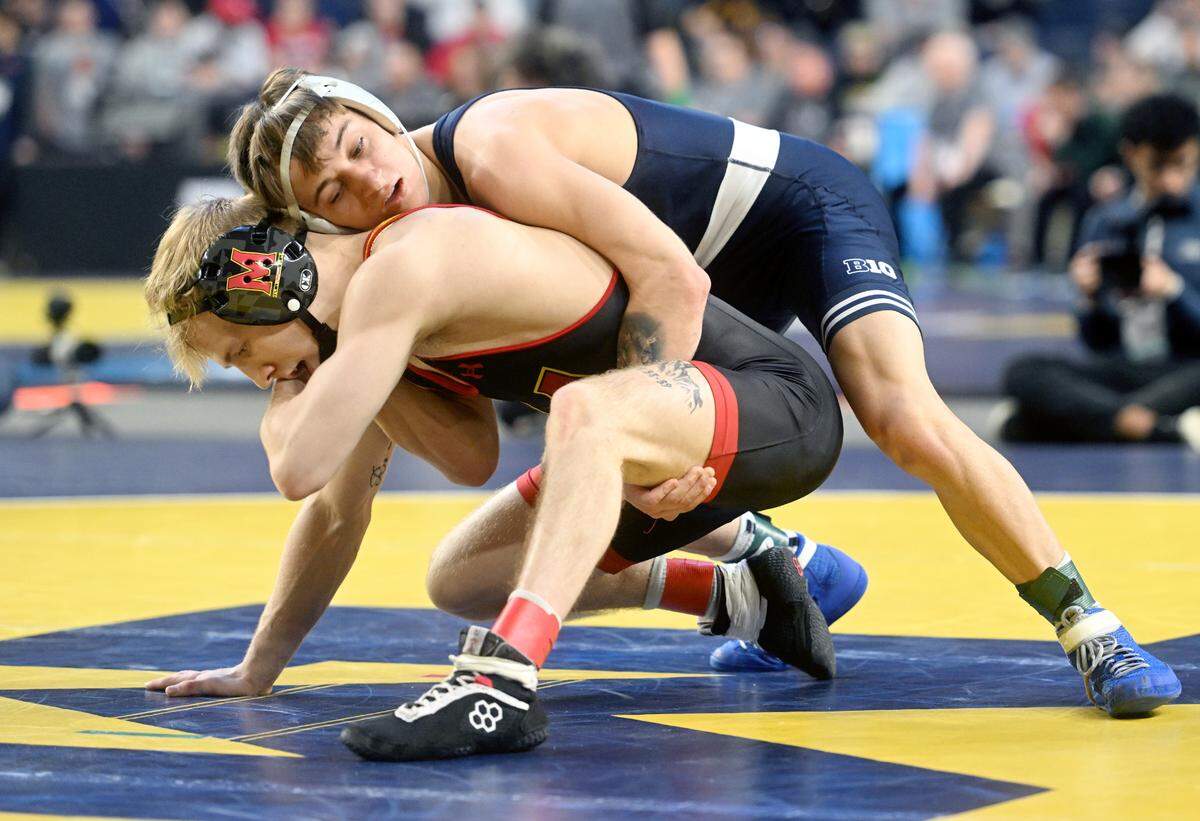 At 125 pounds Penn State’s Gary Steen wrestles Maryland’s Braxton Brown in the first round of the Big Ten wrestling championships at the Crisler Arena in Ann Arbor Michigan on Saturday, March 4, 2023.