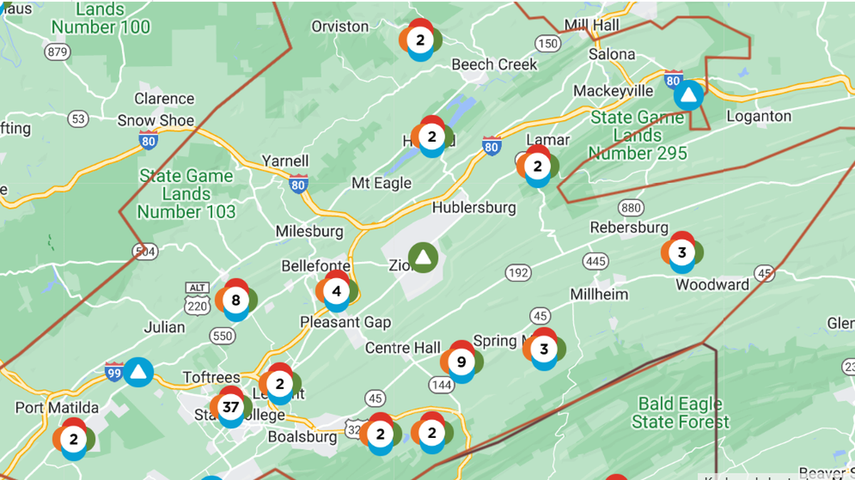 After a Saturday afternoon storm, power outages were scattered across Centre County.