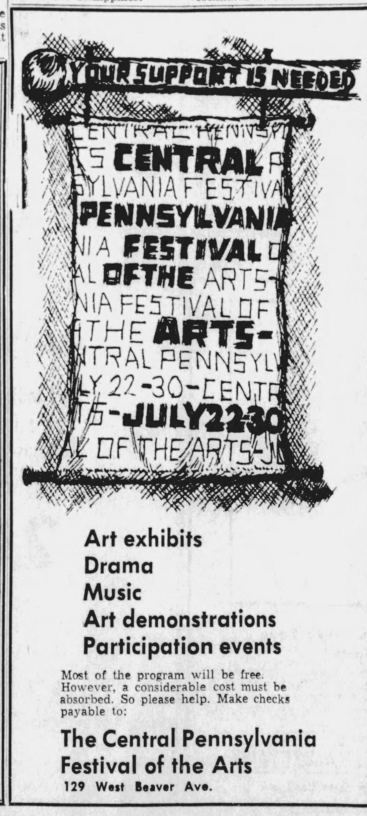 An ad in July 1967 asking for support for the first-ever Central Pennsylvania Festival of the Arts.
