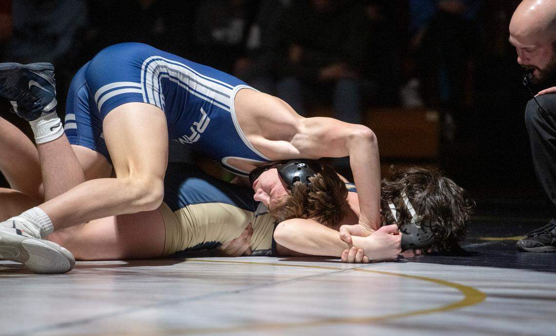 Penns Valley’s Ty Watson controls Bald Eagle Area’s Tayten Yoder in the 145 lb bout of the District 6 2A team quarterfinals on Tuesday, Feb. 1, 2022. Watson won by fall at 2:47.