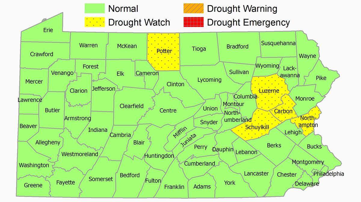 Centre County is no longer under a drought watch, the state Department of Environmental Protection said.